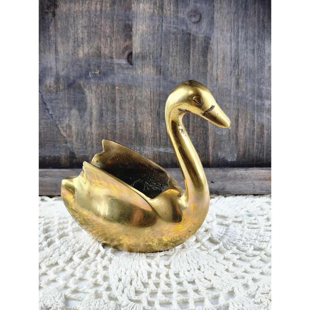 Vintage Solid Brass Swan Figurine Trinket Dish Planter Made in Korea 4.25in